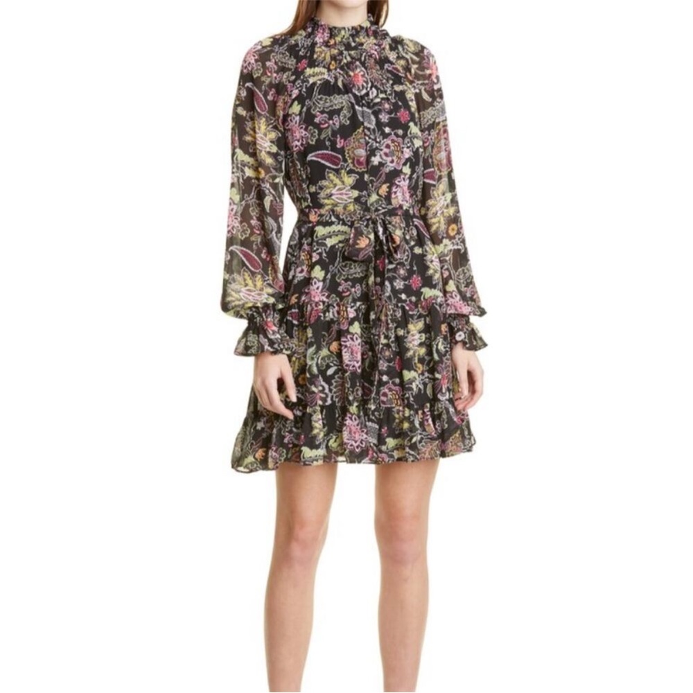 CINQ A SEPT | Black Floral Ruffle Smocked Dress, Size 4,